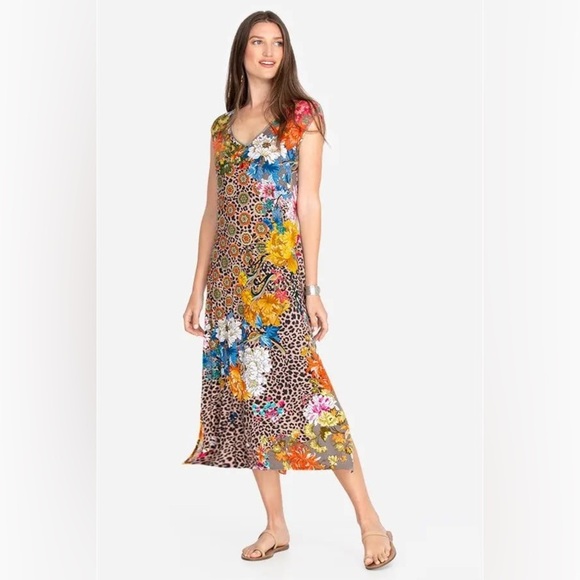 Johnny Was Taylor Leopard High Slit Knit Dress Floral Beachy Boho Whimsical L - Picture 1 of 9